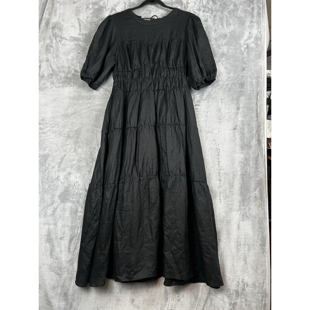 Aere Dress‎ 100% Linen Lagenlook Tiered Puff Short Sleeve Black 16 Cut Out Back